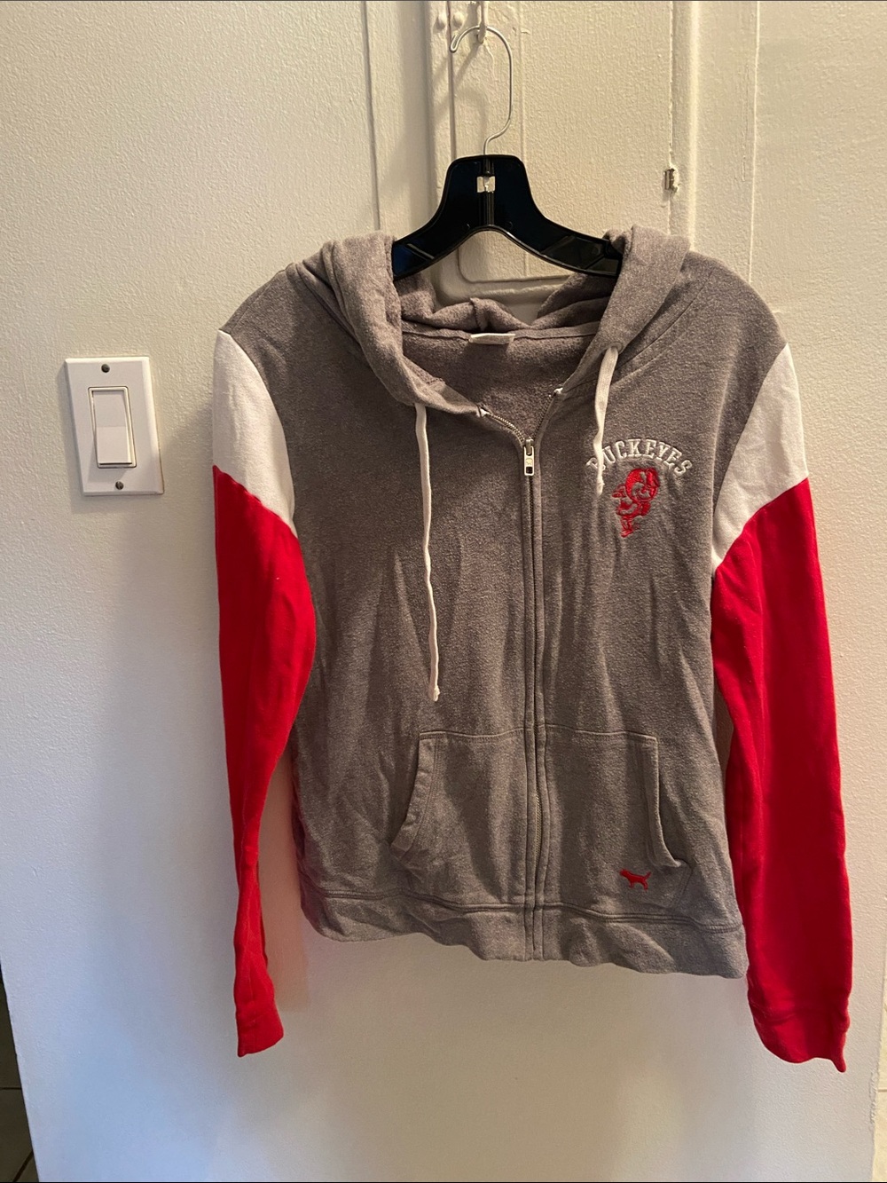 PINK Victoria's Secret Gray and Red Colorblock Zip Hoodie